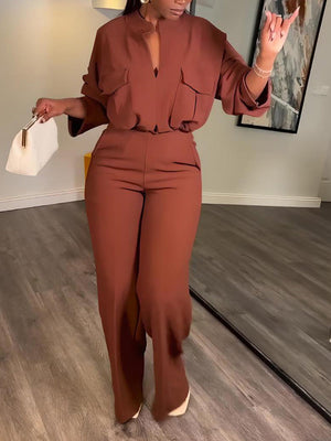 V Neck Blouse Wide Leg Pants Set