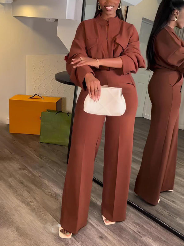 V Neck Blouse Wide Leg Pants Set