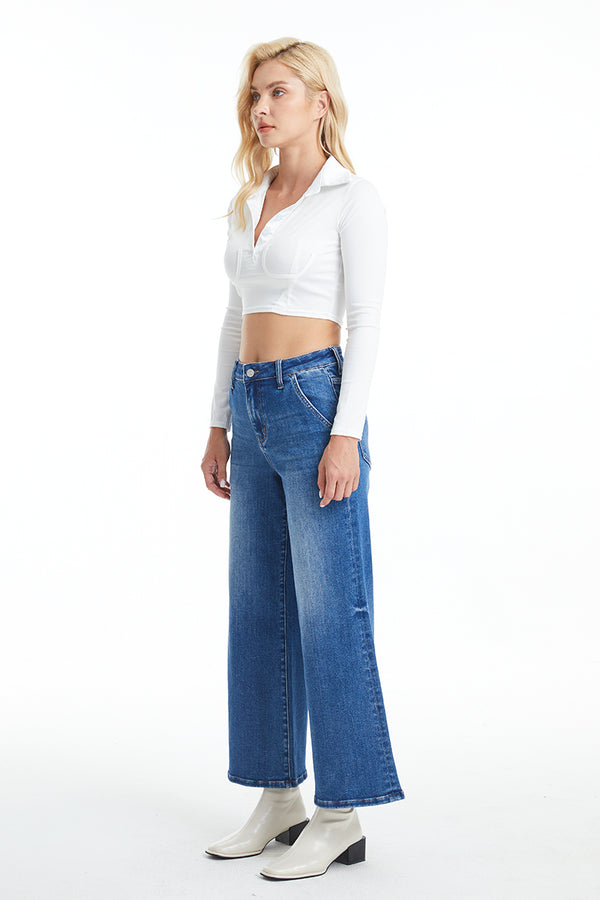 Women High Rise Stretch Carpenter Wide Flare Leg Jeans BYW8085