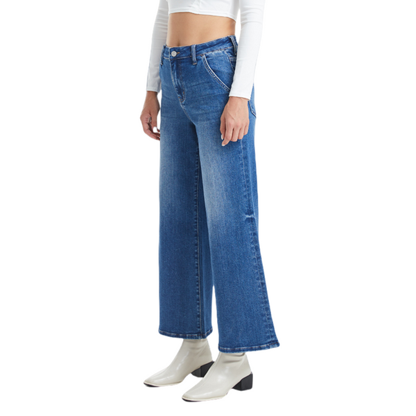 Women High Rise Stretch Carpenter Wide Flare Leg Jeans BYW8085