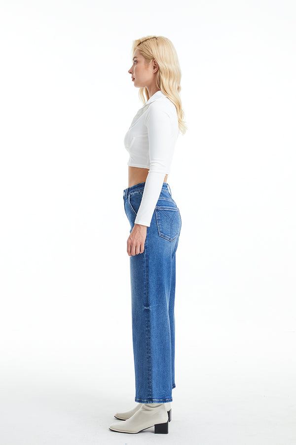 Women High Rise Stretch Carpenter Wide Flare Leg Jeans BYW8085