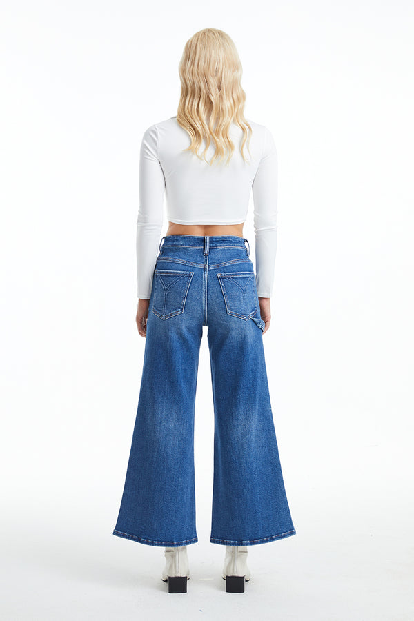 Women High Rise Stretch Carpenter Wide Flare Leg Jeans BYW8085