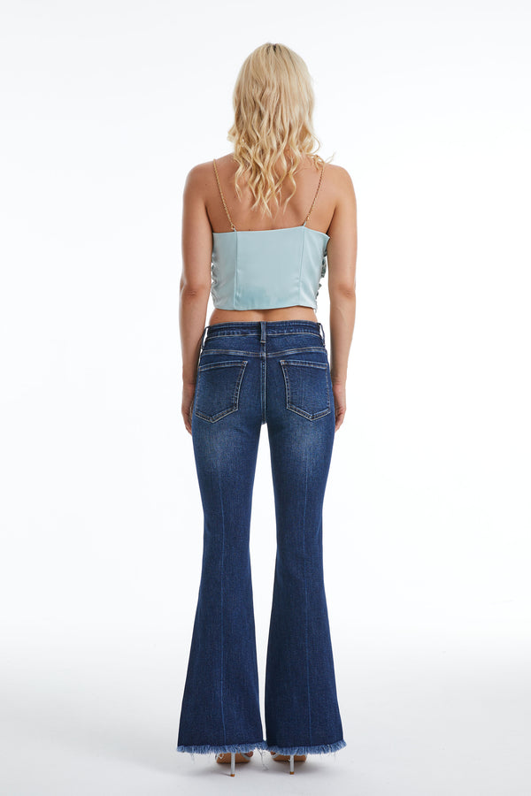 Women Mid Rise Stretch Flare Jeans with Distressed Frayed Hem BYF1119