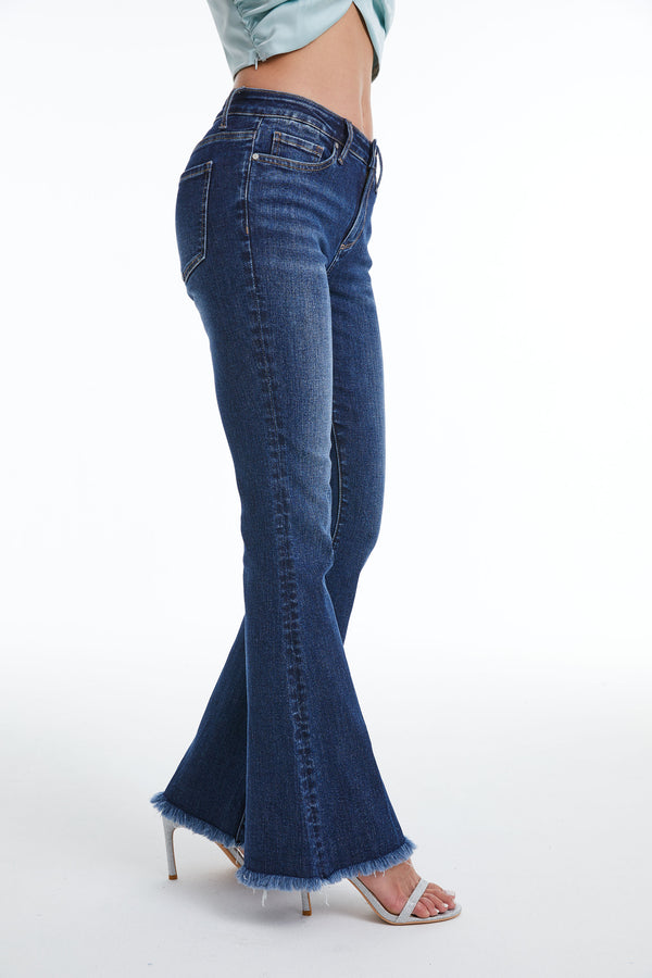 Women Mid Rise Stretch Flare Jeans with Distressed Frayed Hem BYF1119