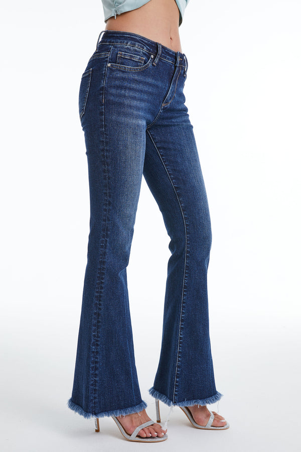 Women Mid Rise Stretch Flare Jeans with Distressed Frayed Hem BYF1119