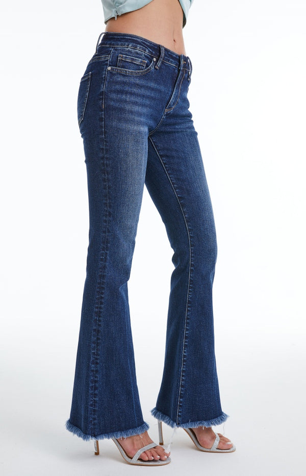 Mid Rise Flare Jeans with Distressed Frayed Hem