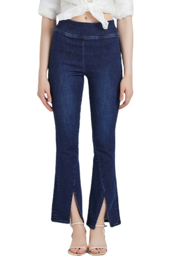 High Rise Stretch Wide Leg Front Slit Flare Jeans