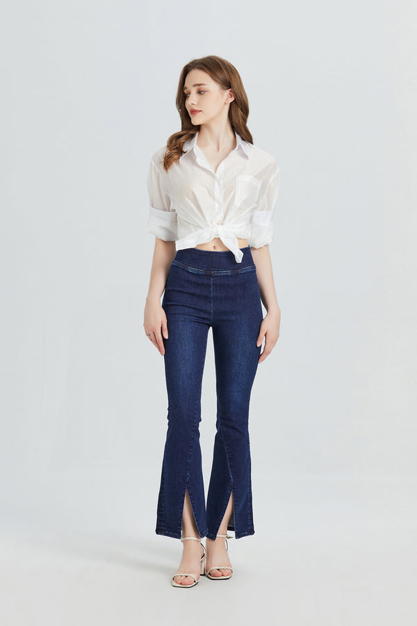 Women High Rise Stretch Wide Leg Front Slit Flare Jeans BYF1072