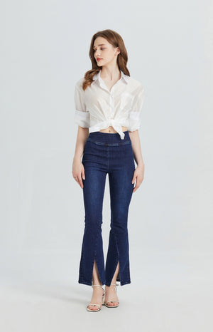 High Rise Stretch Wide Leg Front Slit Flare Jeans