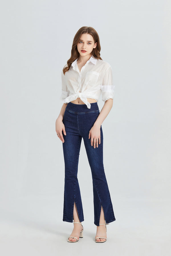 Women High Rise Stretch Wide Leg Front Slit Flare Jeans BYF1072