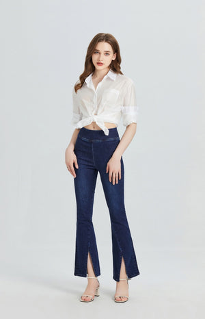 High Rise Stretch Wide Leg Front Slit Flare Jeans