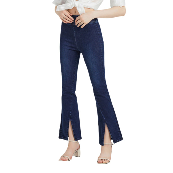 Women High Rise Stretch Wide Leg Front Slit Flare Jeans BYF1072