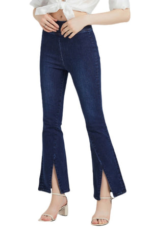 High Rise Stretch Wide Leg Front Slit Flare Jeans