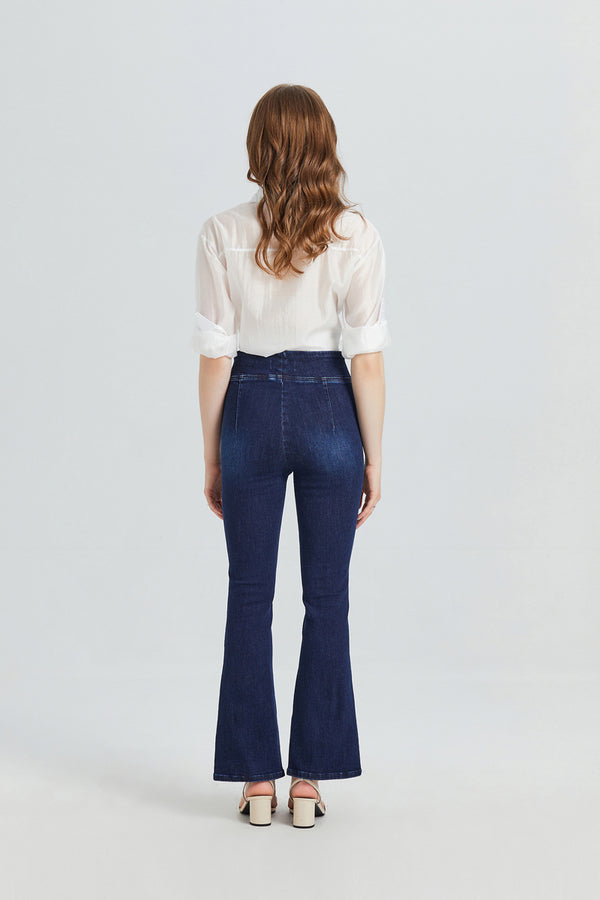 Women High Rise Stretch Wide Leg Front Slit Flare Jeans BYF1072