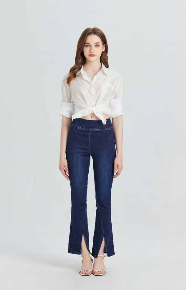 High Rise Stretch Wide Leg Front Slit Flare Jeans