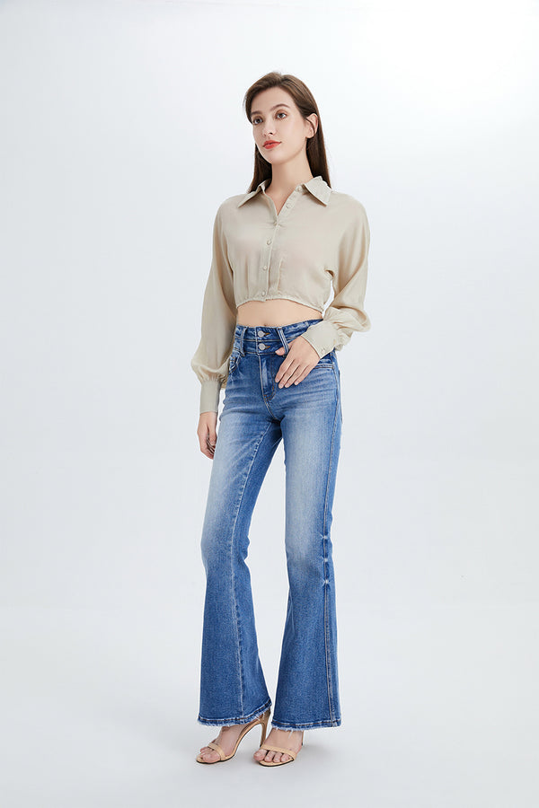 Women High Rise Stretch Cropped Flare Jeans  BYF1074