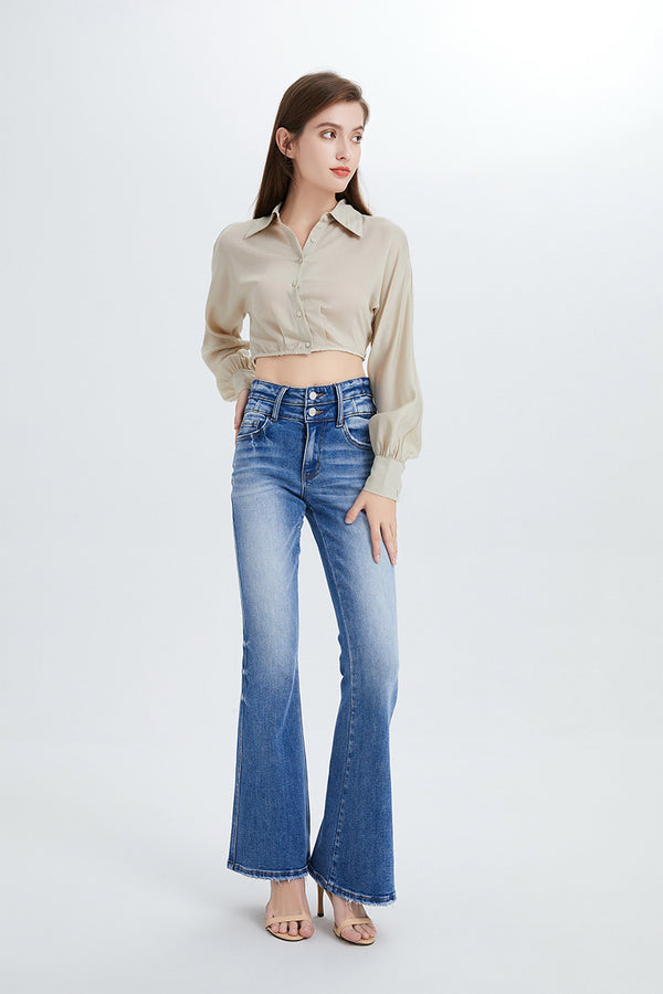 Women High Rise Stretch Cropped Flare Jeans  BYF1074