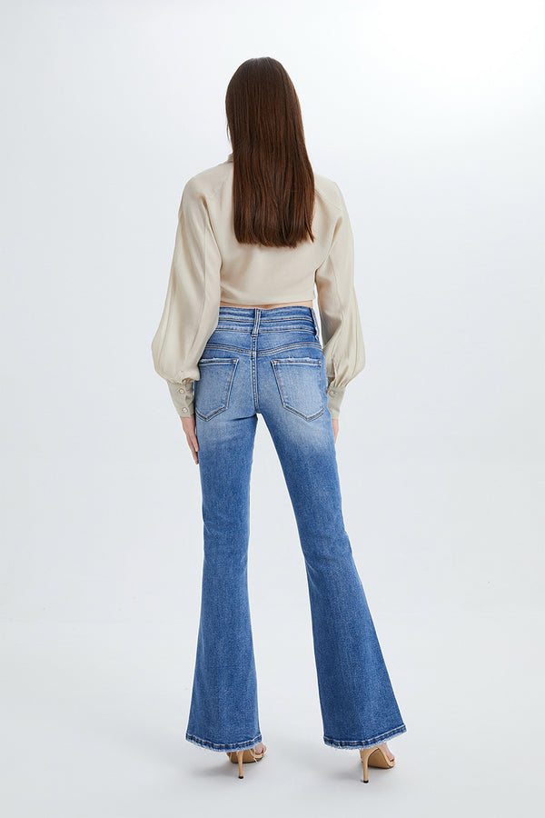 Women High Rise Stretch Cropped Flare Jeans  BYF1074