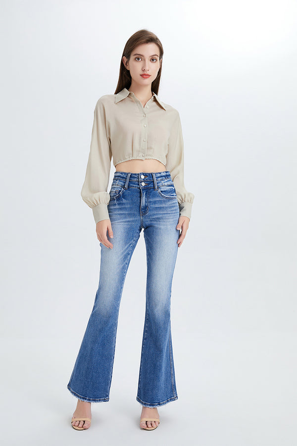 Women High Rise Stretch Cropped Flare Jeans  BYF1074