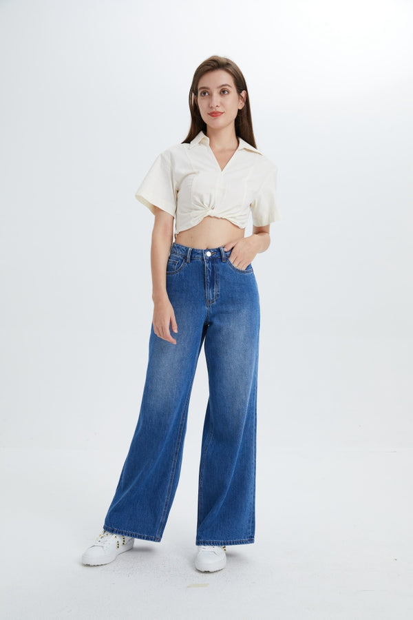 Women's Straight Leg Jeans Mid Waist Loose Stretchy