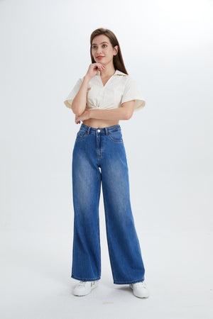 Women's Straight Leg Jeans Mid Waist Loose Stretchy