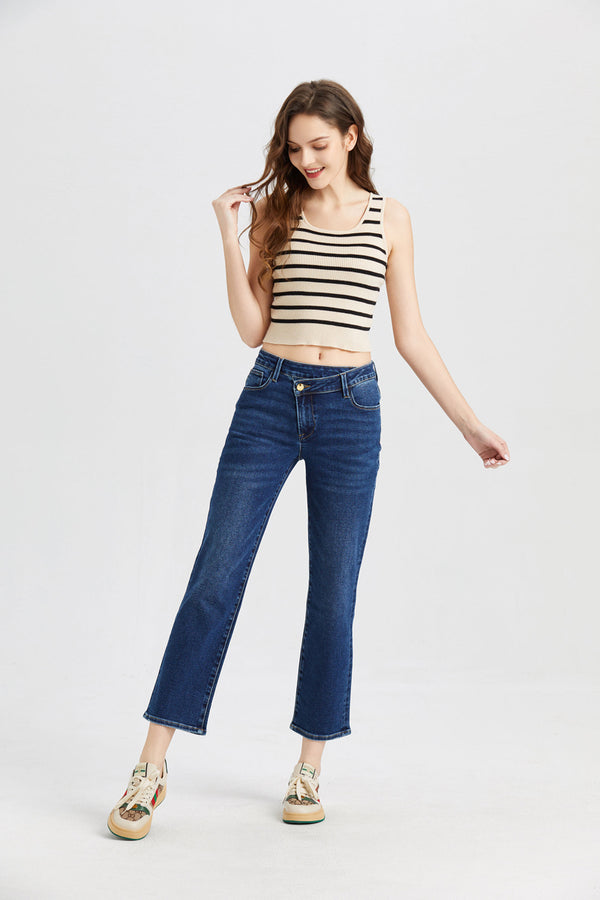 ONESO Women's Mid Rise Straight Stretch Vintage Jeans