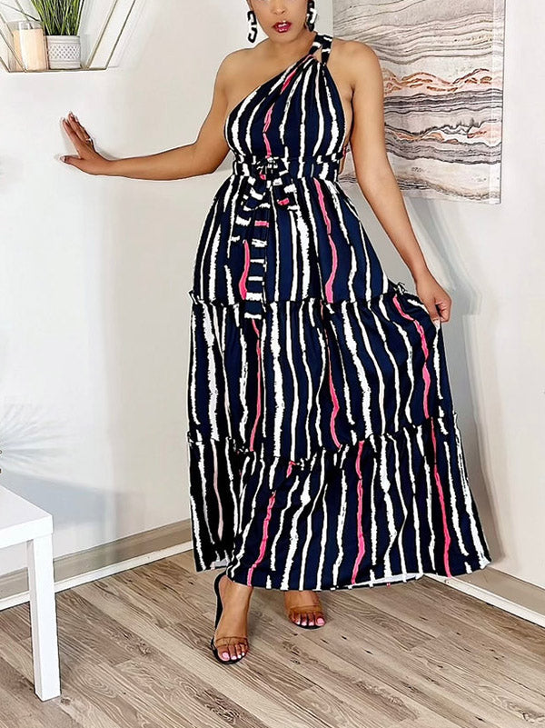 One Shoulder Striped Maxi Dress