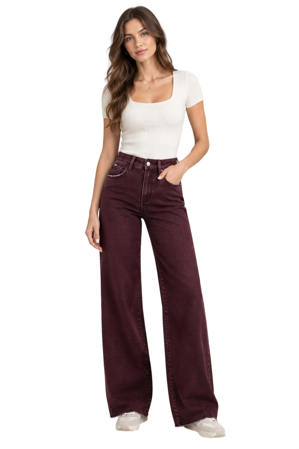 ONESO Chic High Rise Burgundy Wide Leg Jeans