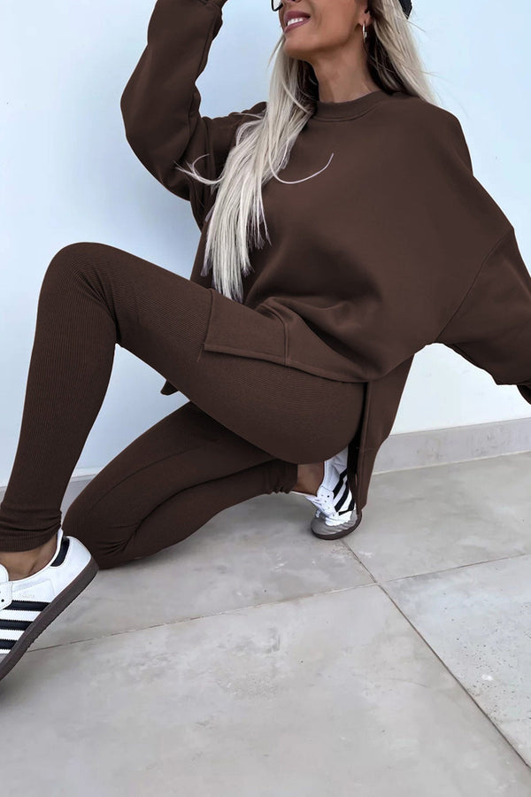 Crew Neck Slit Sweatshirt Legging Suits