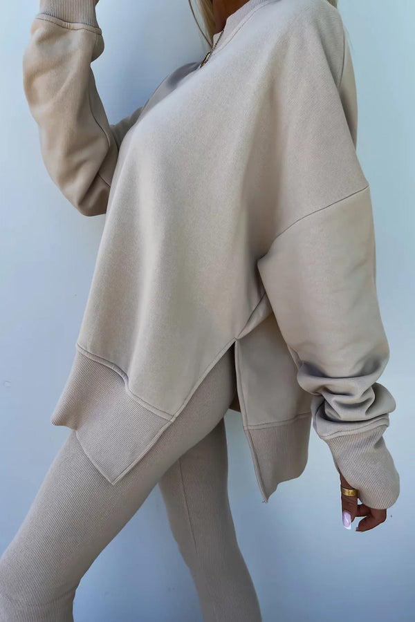 Crew Neck Slit Sweatshirt Legging Suits