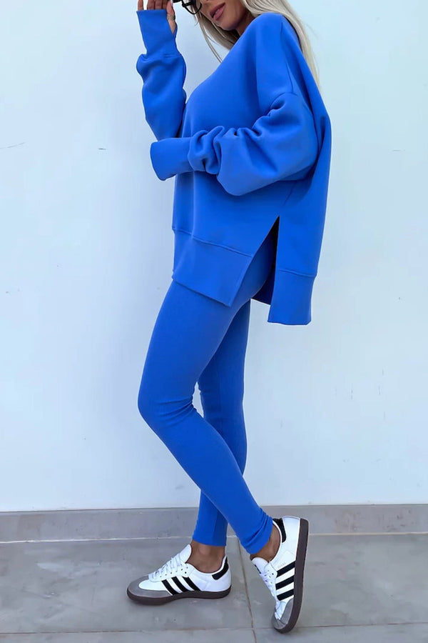 Crew Neck Slit Sweatshirt Legging Suits