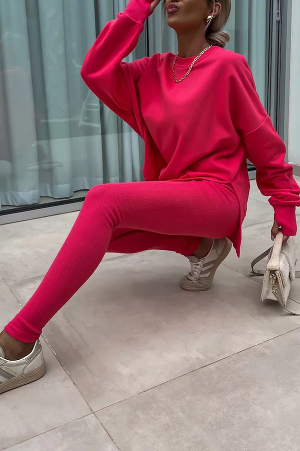 Crew Neck Slit Sweatshirt Legging Suits