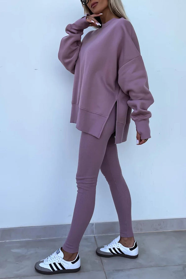 Crew Neck Slit Sweatshirt Legging Suits