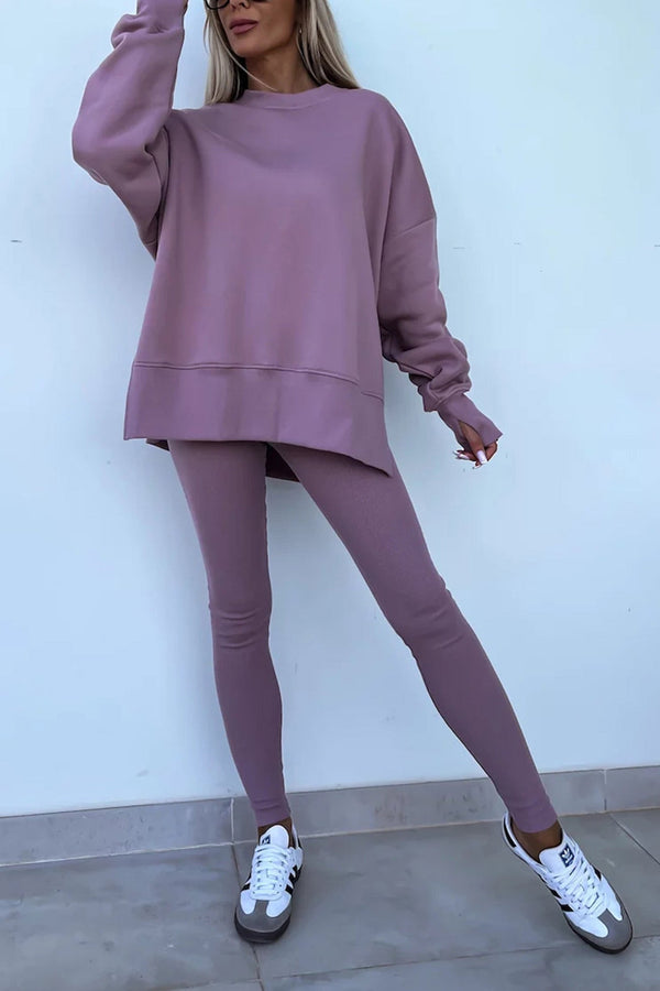 Crew Neck Slit Sweatshirt Legging Suits