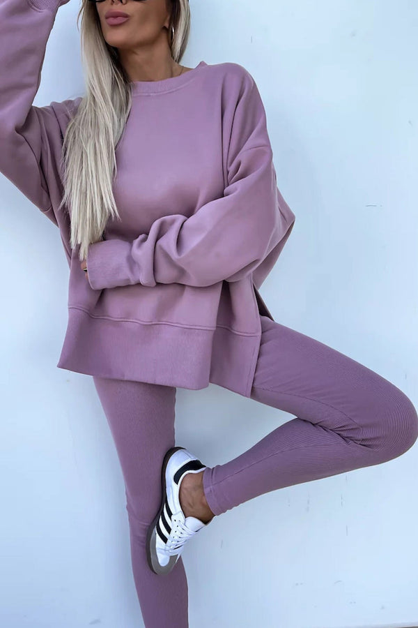 Crew Neck Slit Sweatshirt Legging Suits