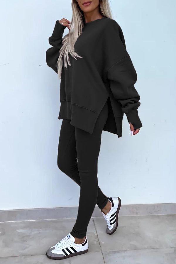 Crew Neck Slit Sweatshirt Legging Suits