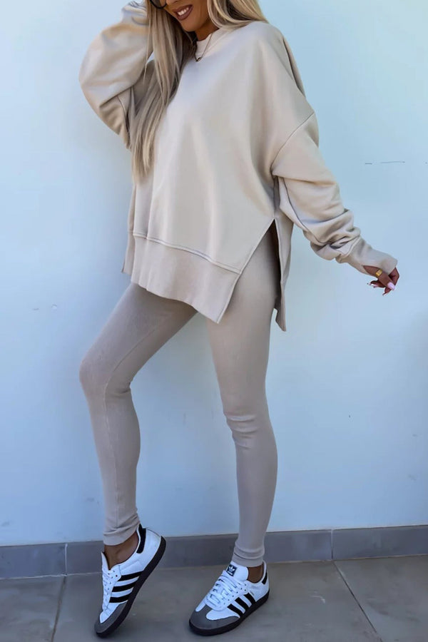 Crew Neck Slit Sweatshirt Legging Suits