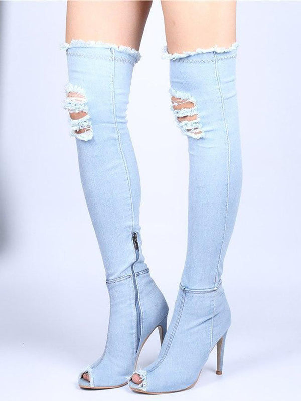 Peep Toe Over The Knee Denim Boots