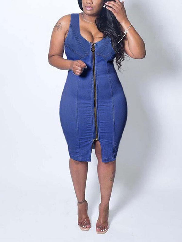 Sleeveless Zipper Slim Denim Dress