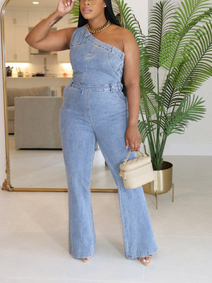 One Shoulder Denim Jumpsuit