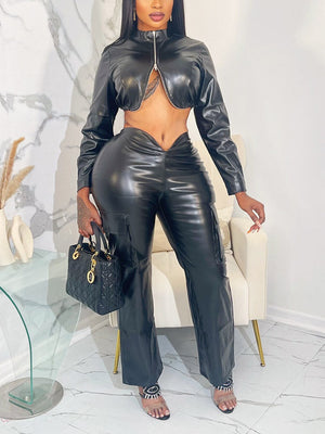 Leather Zip Crop op & Pants Set