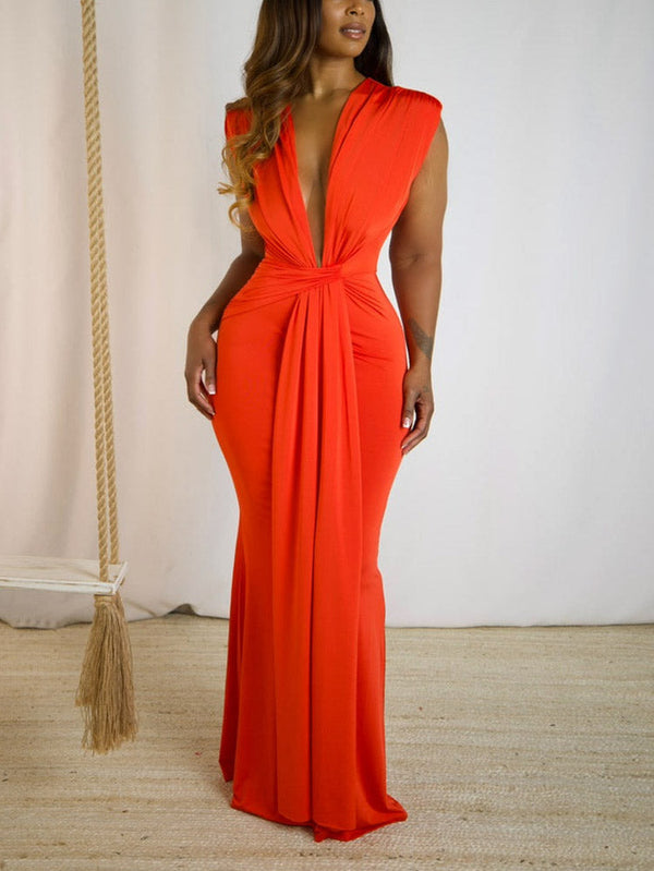 Elegant Plunge Draped Maxi Dress