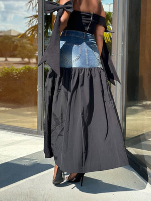 Patchwork Denim Top & Maxi Skirt