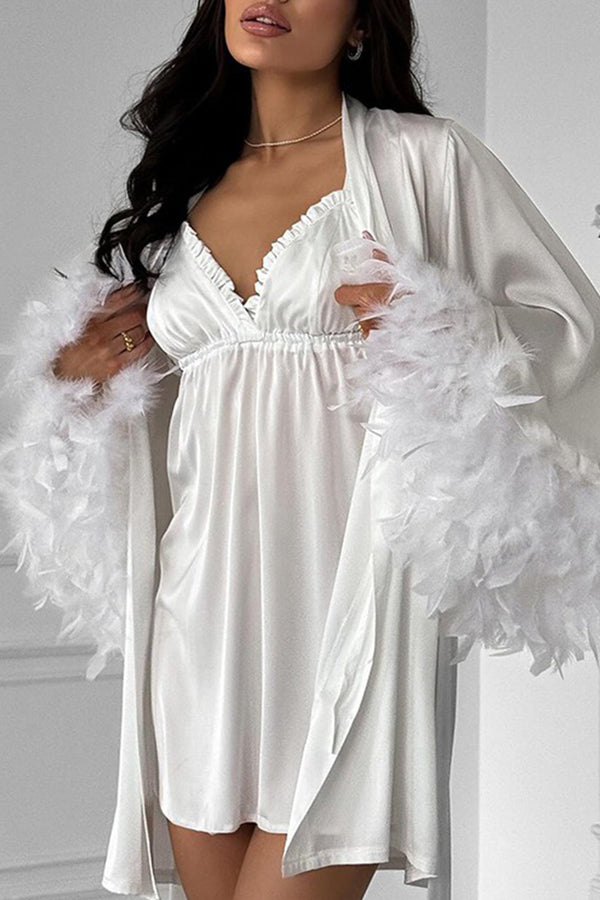 Feather Cuff Cardigan Cami Dress Loungewear Suits