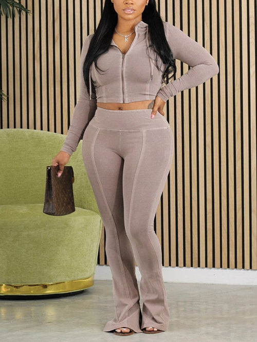 Solid Zip Top & Slit Pants Set