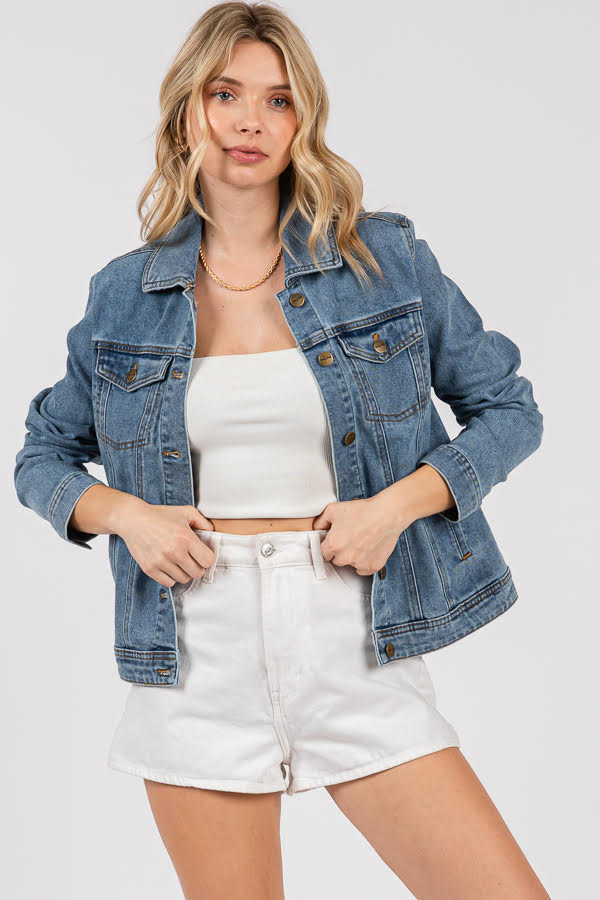 Women's Classic Denim Jacket - Button Front Trucker Style, Regular Fit
