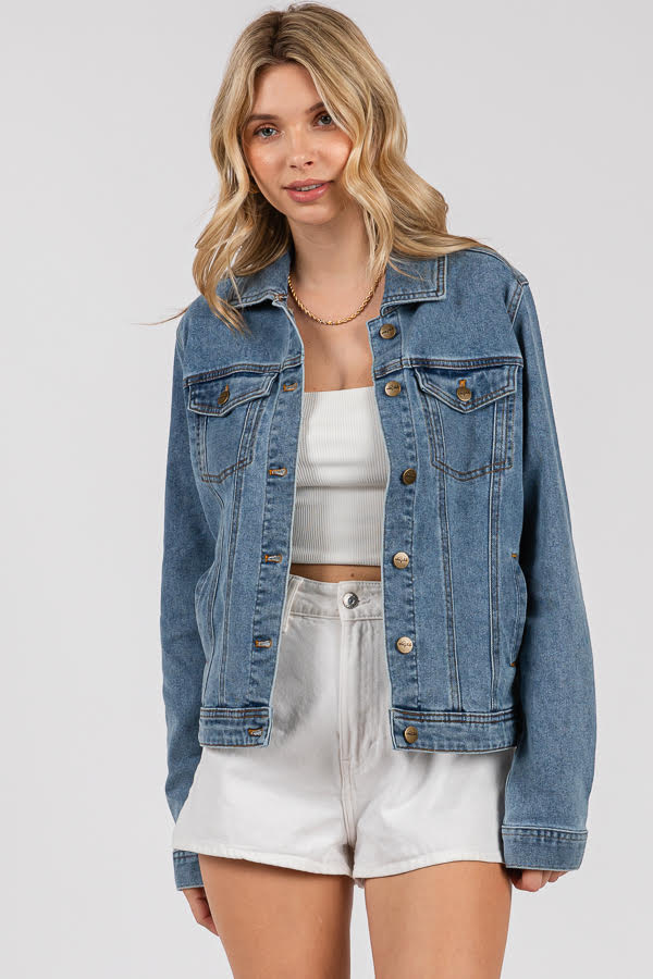Women's Classic Denim Jacket - Button Front Trucker Style, Regular Fit
