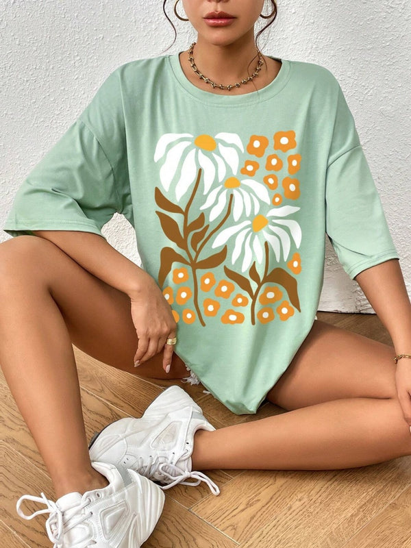 Womens Oversized T-shirt Flower Graphic Tees