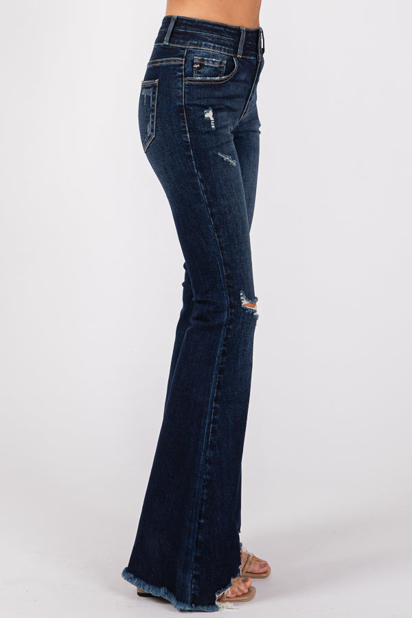 Women's Mid-Waist Ripped FlaredJeans Wide Leg Bootcut Bell Bottom Denim Pants Trouser Lady Vintage