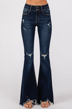 Women's Mid-Waist Ripped FlaredJeans Wide Leg Bootcut Bell Bottom Denim Pants Trouser Lady Vintage